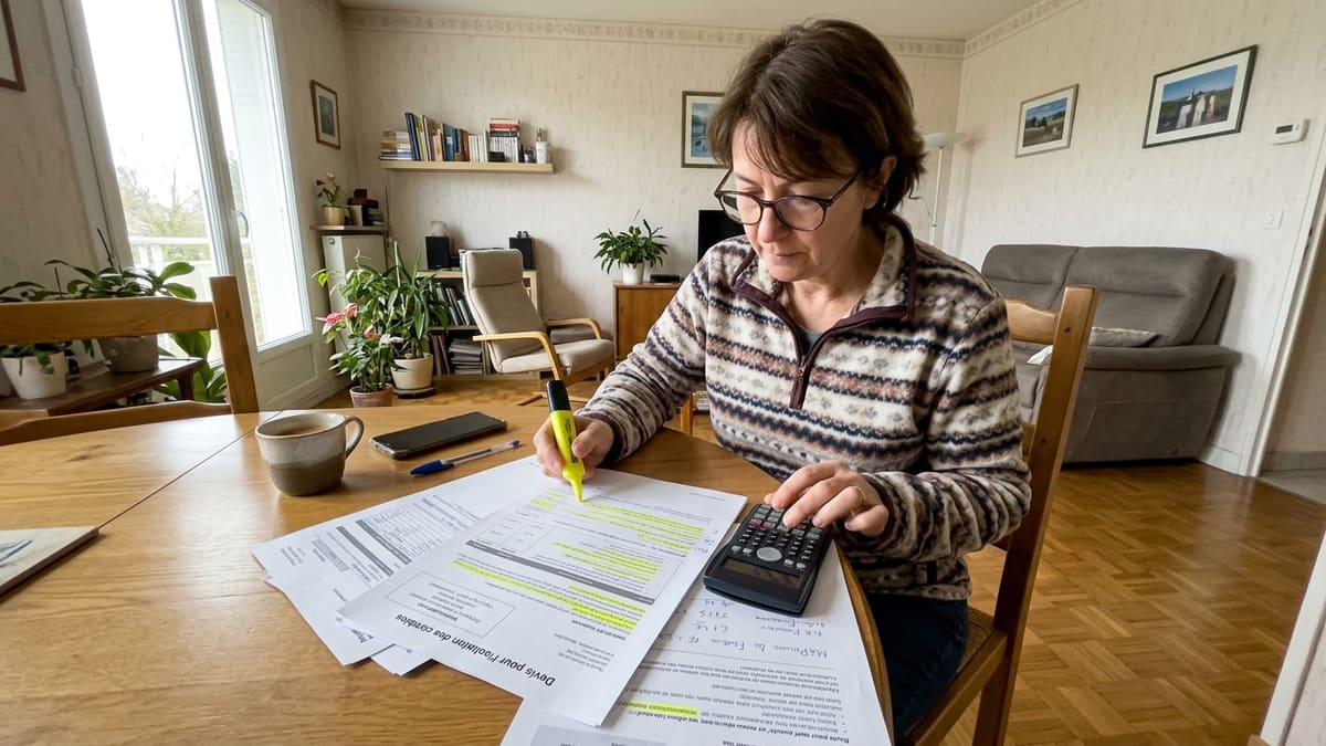 Femme analysant un devis détaillé pour isolation des combles, avec calcul des aides